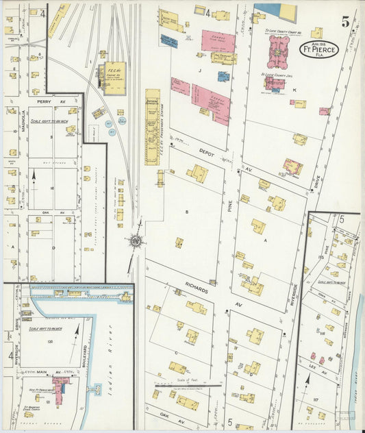 Sanborn Fire Insurance Map from Fort Pierce, St Lucie County, Florida (1918), Sheet #0005 - Historic Sanborn Fire Insurance Map Print, vintage old map wall art, antique decor, genealogy gift, Florida Florida map