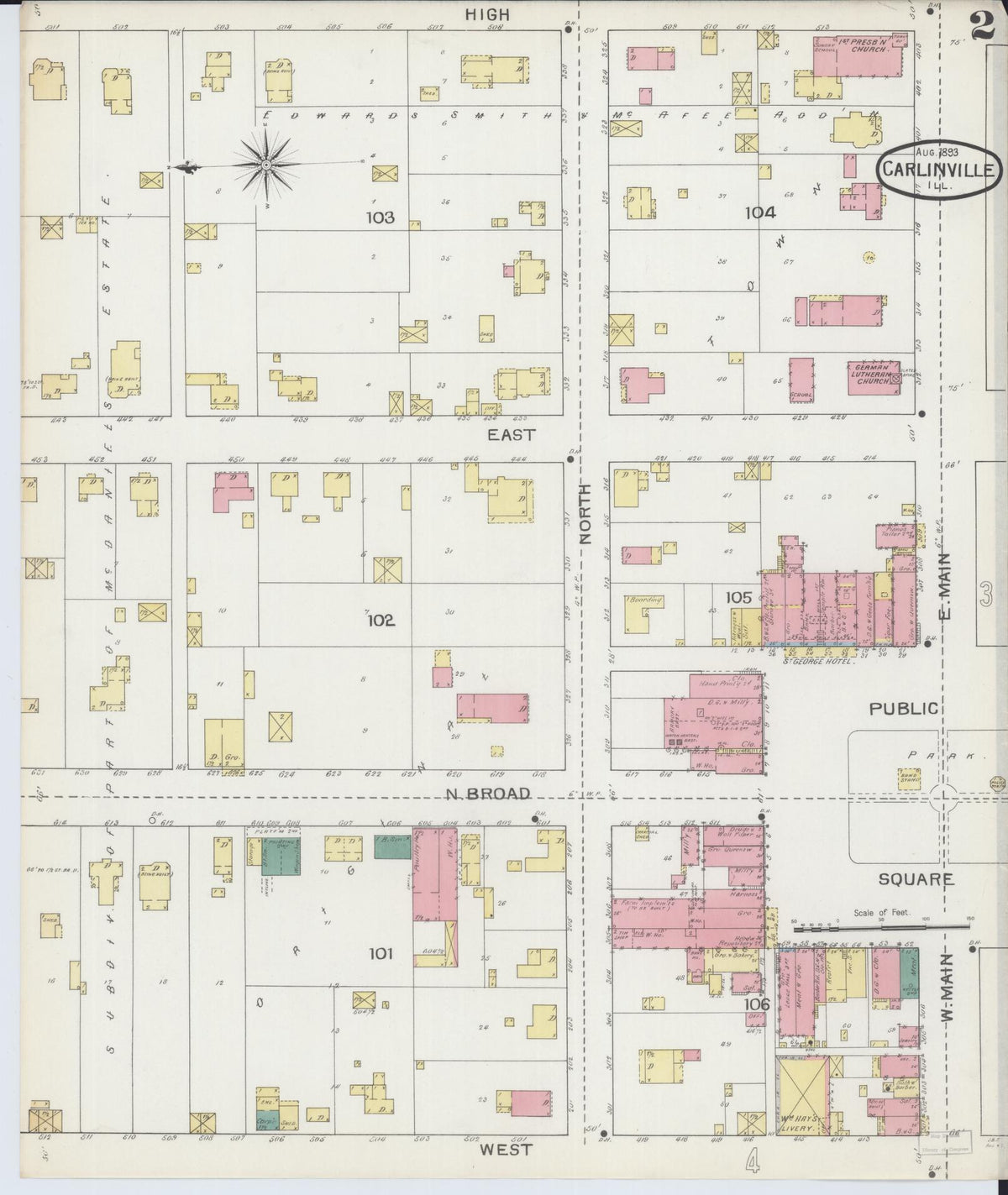 Sanborn Fire Insurance Map from Carlinville, Macoupin County, Illinois (1893), Sheet #0002 - Historic Sanborn Fire Insurance Map Print, vintage old map wall art, antique decor, genealogy gift, Illinois Illinois map