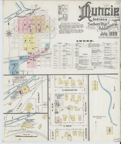 Sanborn Fire Insurance Map from Muncie, Delaware County, Indiana (1889), Sheet #0001 - Complete Map Set gallery image, historic Sanborn map, vintage wall art, Muncie Delaware