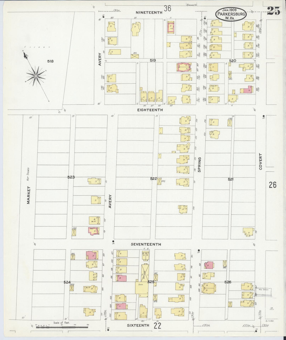 Sanborn Fire Insurance Map from Parkersburg, Wood County, West Virginia (1909), Sheet #0025 - Historic Sanborn Fire Insurance Map Print, vintage old map wall art, antique decor, genealogy gift, West Virginia West Virginia map