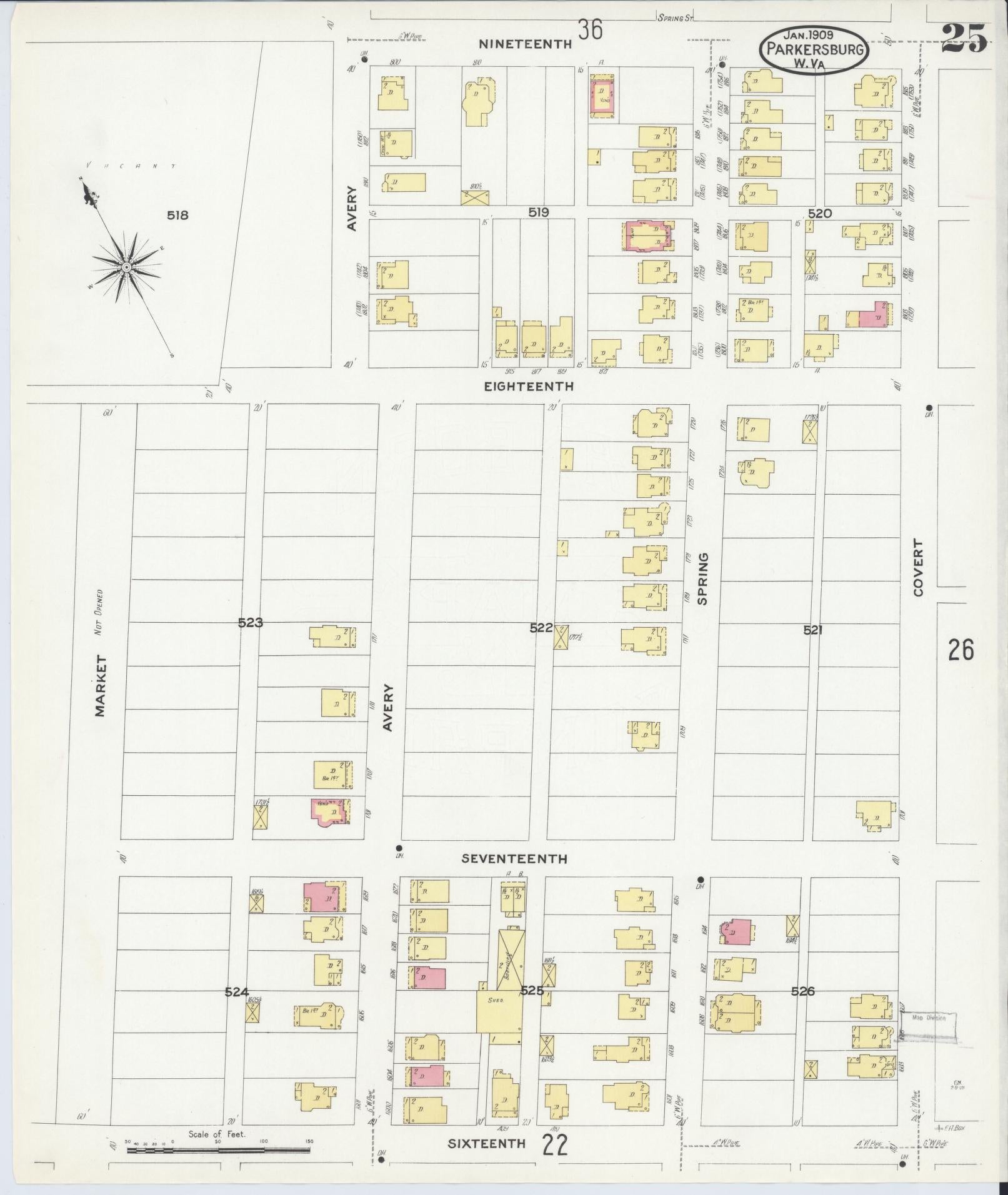 Sanborn Fire Insurance Map from Parkersburg, Wood County, West Virginia (1909), Sheet #0025 - Historic Sanborn Fire Insurance Map Print, vintage old map wall art, antique decor, genealogy gift, West Virginia West Virginia map