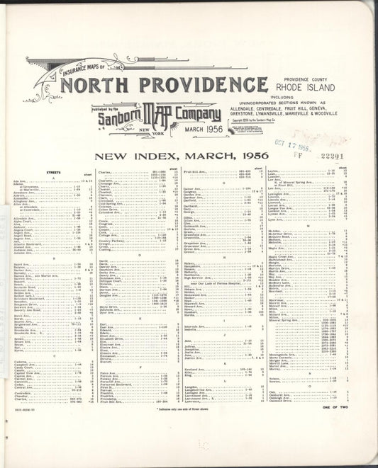 Sanborn Fire Insurance Map from North Providence, Providence County, Rhode Island (1956), Sheet #0001 - Historic Sanborn Fire Insurance Map Print, vintage old map wall art, antique decor, genealogy gift, Rhode Island Rhode Island map