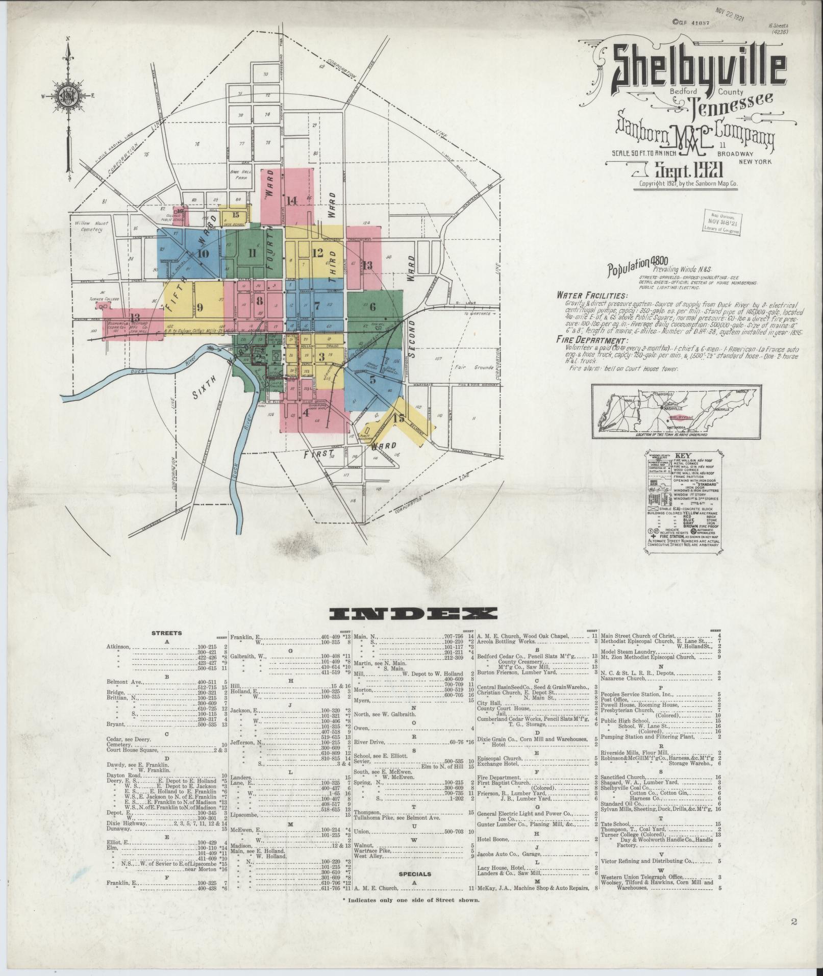 Sanborn Fire Insurance Map from Shelbyville, Bedford County, Tennessee. (1921) – Historic Sanborn Fire Insurance Map Print