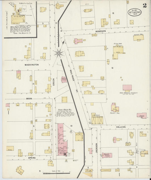 Sanborn Fire Insurance Map from Athens, McMinn County, Tennessee (1897), Sheet #0002 - Historic Sanborn Fire Insurance Map Print, vintage old map wall art, antique decor, genealogy gift, Tennessee Tennessee map