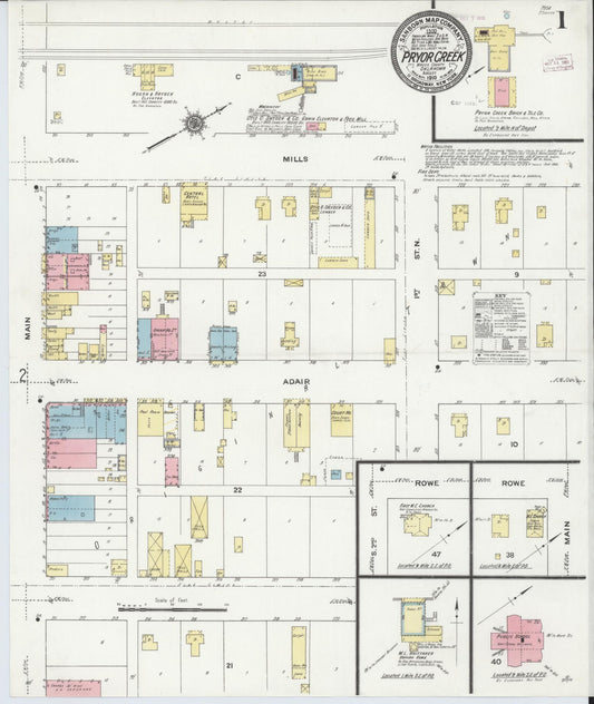 Sanborn Fire Insurance Map from Pryor Creek, Mayes County, Oklahoma (1910), Sheet #0001 - Historic Sanborn Fire Insurance Map Print, vintage old map wall art, antique decor, genealogy gift, Oklahoma Oklahoma map