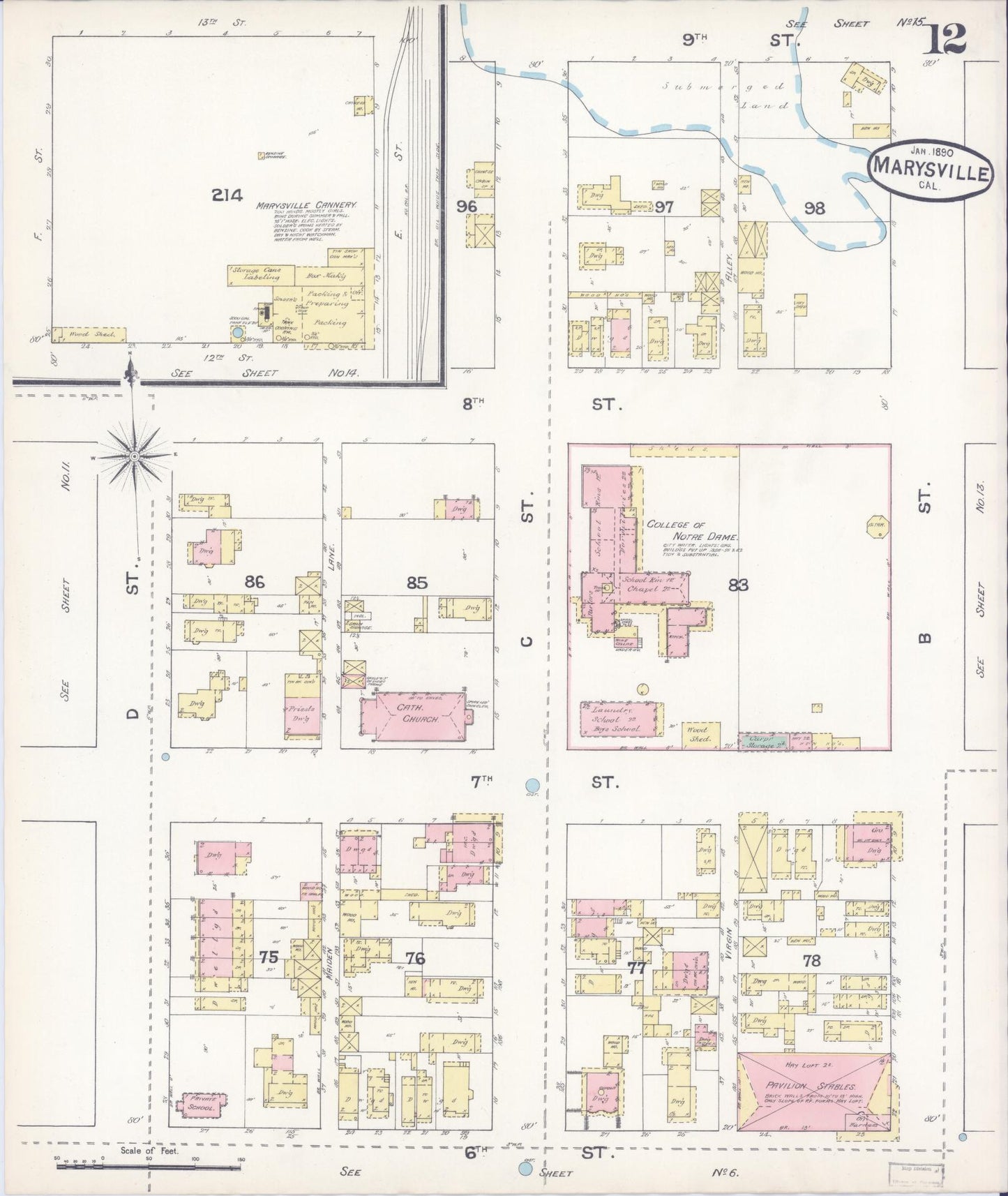 Sanborn Fire Insurance Map from Marysville, Yuba County, California (1890), Sheet #0012 - Historic Sanborn Fire Insurance Map Print, vintage old map wall art, antique decor, genealogy gift, California California map