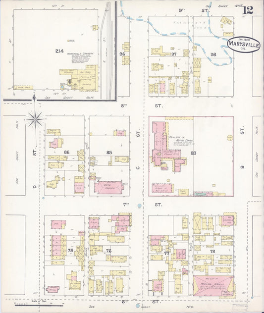 Sanborn Fire Insurance Map from Marysville, Yuba County, California (1890), Sheet #0012 - Historic Sanborn Fire Insurance Map Print, vintage old map wall art, antique decor, genealogy gift, California California map