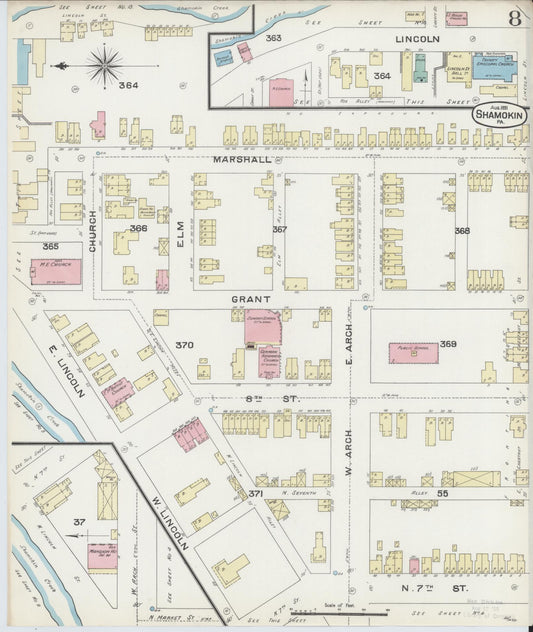 Sanborn Fire Insurance Map from Shamokin, Northumberland County, Pennsylvania (1891), Sheet #0008 - Historic Sanborn Fire Insurance Map Print, vintage old map wall art, antique decor, genealogy gift, Pennsylvania Pennsylvania map