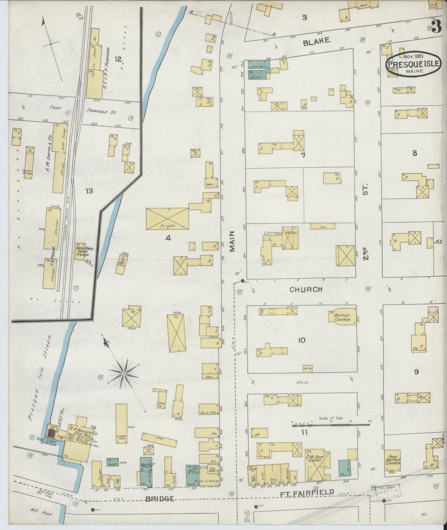 Sanborn Fire Insurance Map from Presque Isle, Aroostook County, Maine (1893), Sheet #0003 - Historic Sanborn Fire Insurance Map Print, vintage old map wall art, antique decor, genealogy gift, Maine Maine map