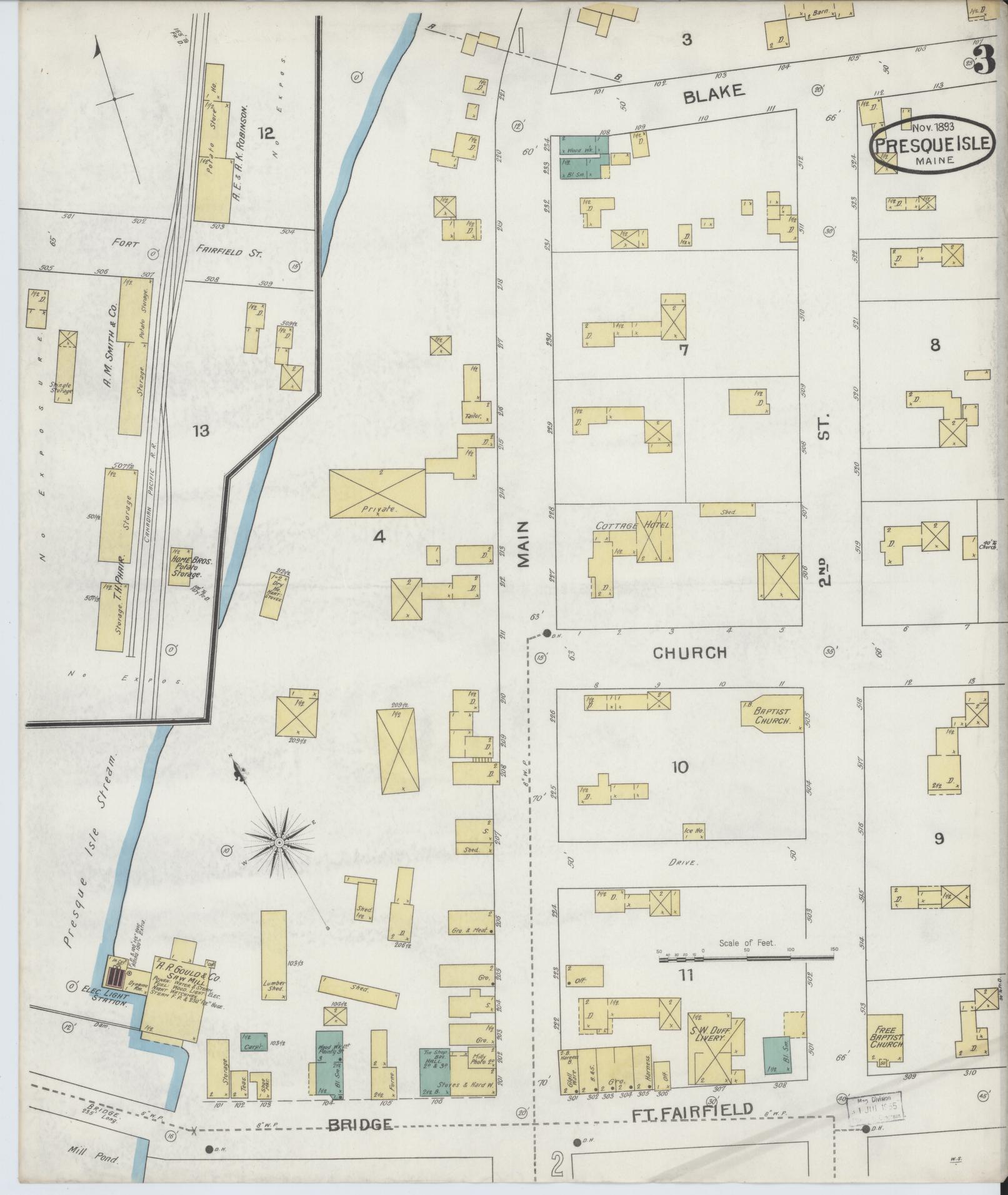 Sanborn Fire Insurance Map from Presque Isle, Aroostook County, Maine (1893), Sheet #0003 - Historic Sanborn Fire Insurance Map Print, vintage old map wall art, antique decor, genealogy gift, Maine Maine map