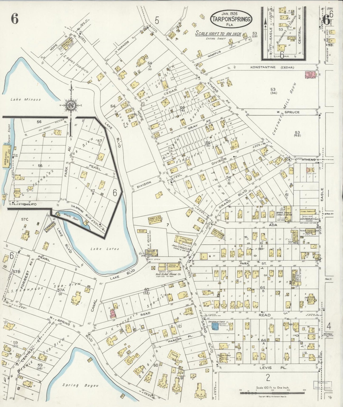 Sanborn Fire Insurance Map from Tarpon Springs, Pinellas County, Florida (1926), Sheet #0006 - Complete Map Set gallery image, historic Sanborn map, vintage wall art, Florida Florida