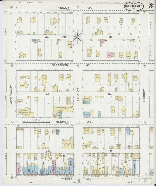 Sanborn Fire Insurance Map from Kankakee, Kankakee County, Illinois (1887), Sheet #0003 - Historic Sanborn Fire Insurance Map Print, vintage old map wall art, antique decor, genealogy gift, Illinois Illinois map