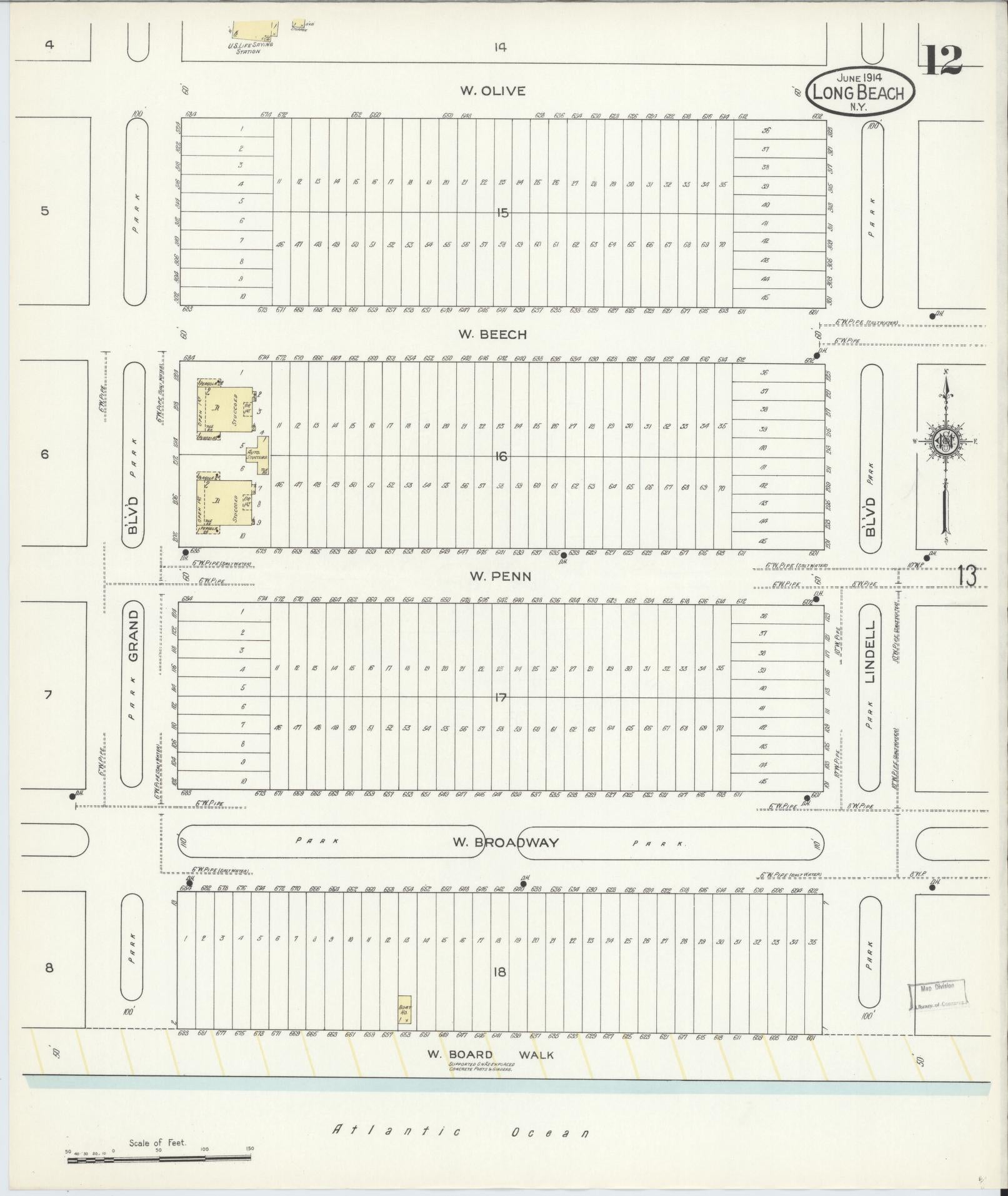 Sanborn Fire Insurance Map from Long Beach, Nassau County, New York (1914), Sheet #0012 - Historic Sanborn Fire Insurance Map Print, vintage old map wall art, antique decor, genealogy gift, New York New York map