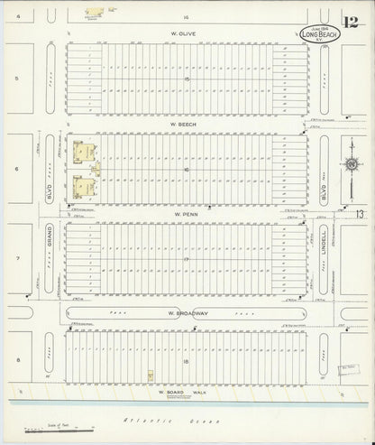 Sanborn Fire Insurance Map from Long Beach, Nassau County, New York (1914), Sheet #0012 - Historic Sanborn Fire Insurance Map Print, vintage old map wall art, antique decor, genealogy gift, New York New York map