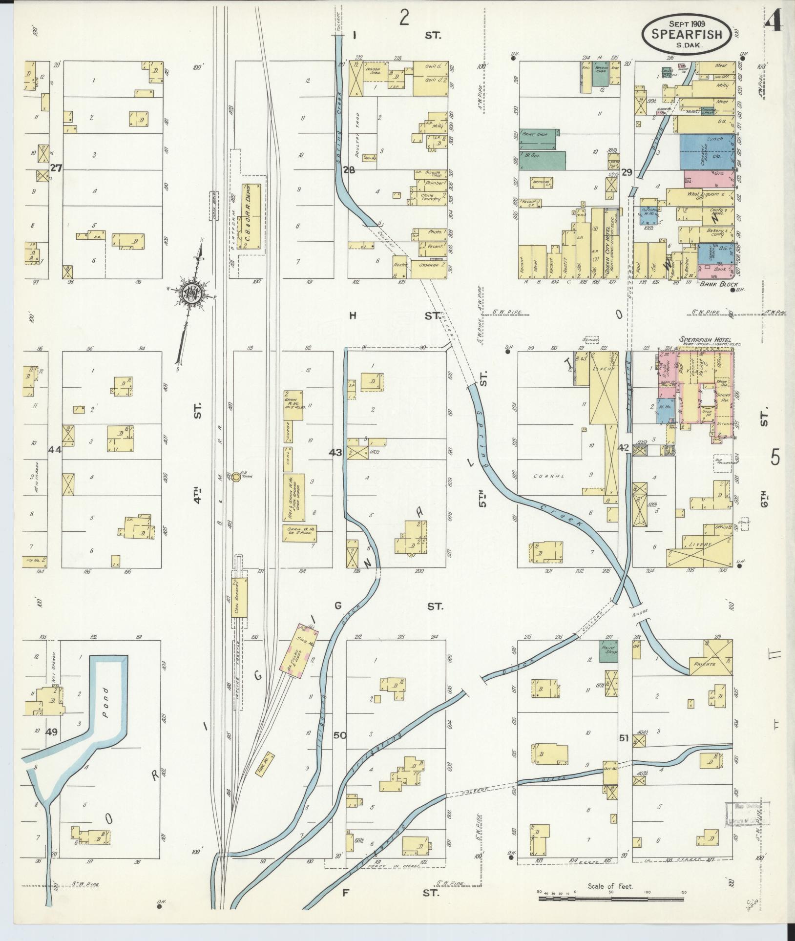 Sanborn Fire Insurance Map from Spearfish, Lawrence County, South Dakota (1909), Sheet #0004 - Historic Sanborn Fire Insurance Map Print, vintage old map wall art, antique decor, genealogy gift, South Dakota South Dakota map
