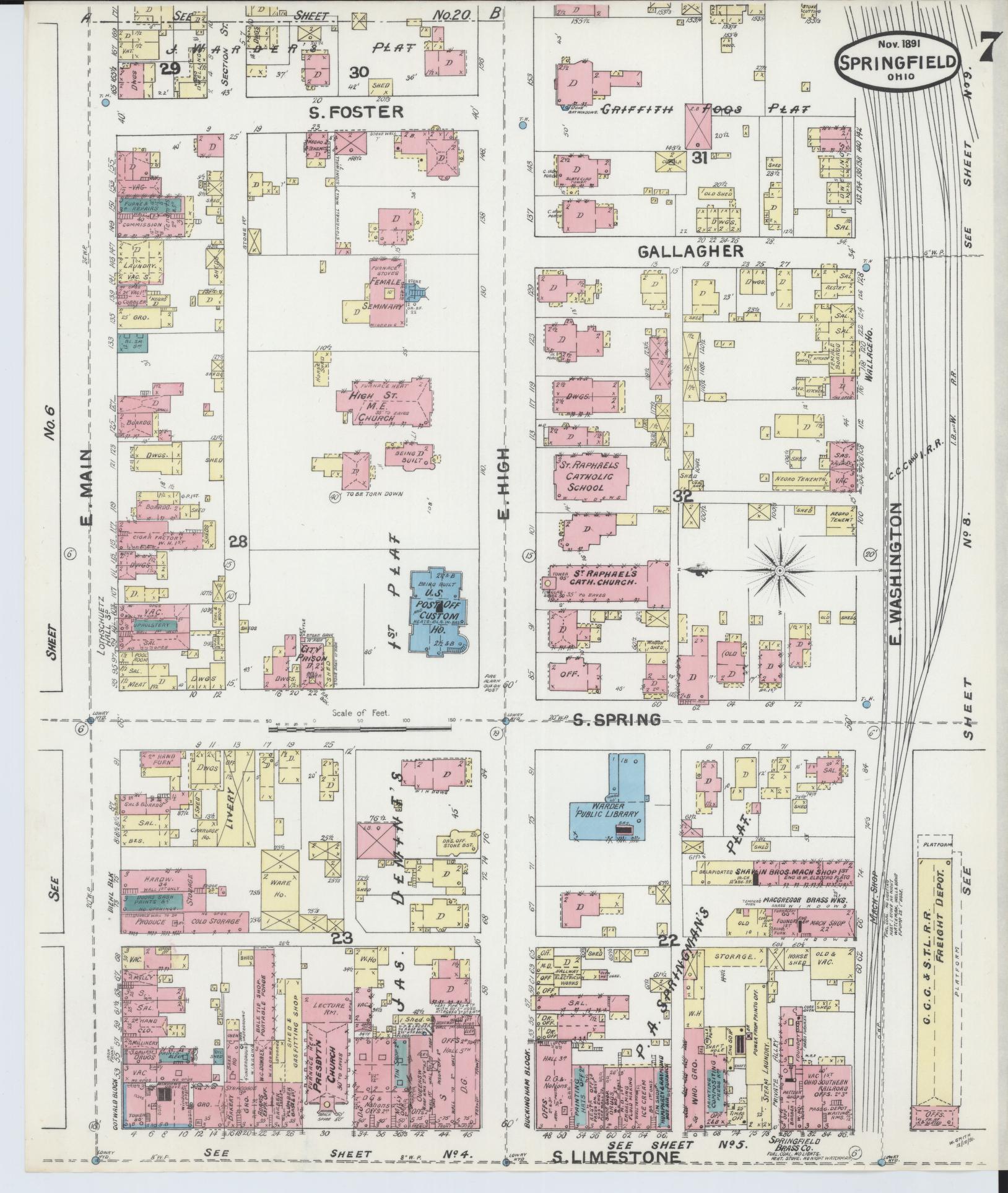 Sanborn Fire Insurance Map from Springfield, Clark County, Ohio (1891), Sheet #0007 - Historic Sanborn Fire Insurance Map Print, vintage old map wall art, antique decor, genealogy gift, Ohio Ohio map