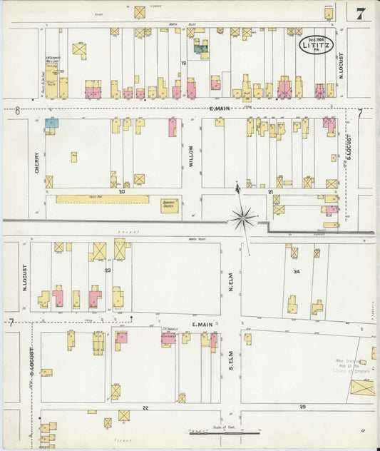 Sanborn Fire Insurance Map from Lititz, Lancaster County, Pennsylvania (1904), Sheet #0007 - Historic Sanborn Fire Insurance Map Print, vintage old map wall art, antique decor, genealogy gift, Pennsylvania Pennsylvania map