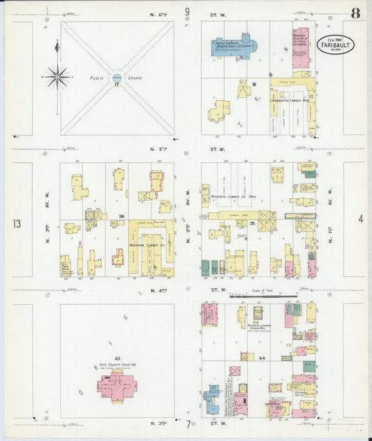 Sanborn Fire Insurance Map from Faribault, Rice County, Minnesota (1909), Sheet #0008 - Historic Sanborn Fire Insurance Map Print, vintage old map wall art, antique decor, genealogy gift, Minnesota Minnesota map