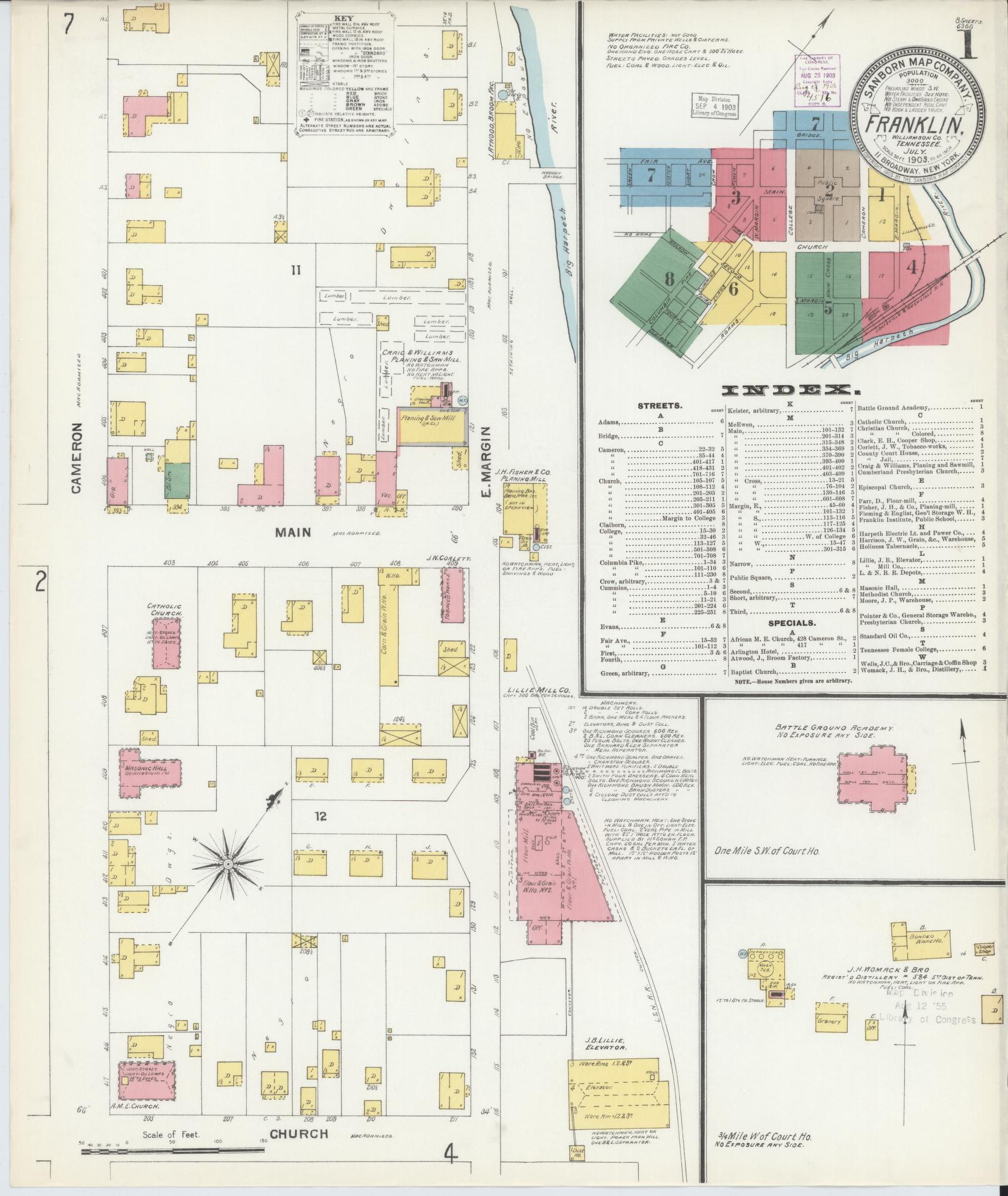 Sanborn Fire Insurance Map from Franklin, Williamson County, Tennessee (1903), Sheet #0001 - Historic Sanborn Fire Insurance Map Print, vintage old map wall art, antique decor, genealogy gift, Tennessee Tennessee map