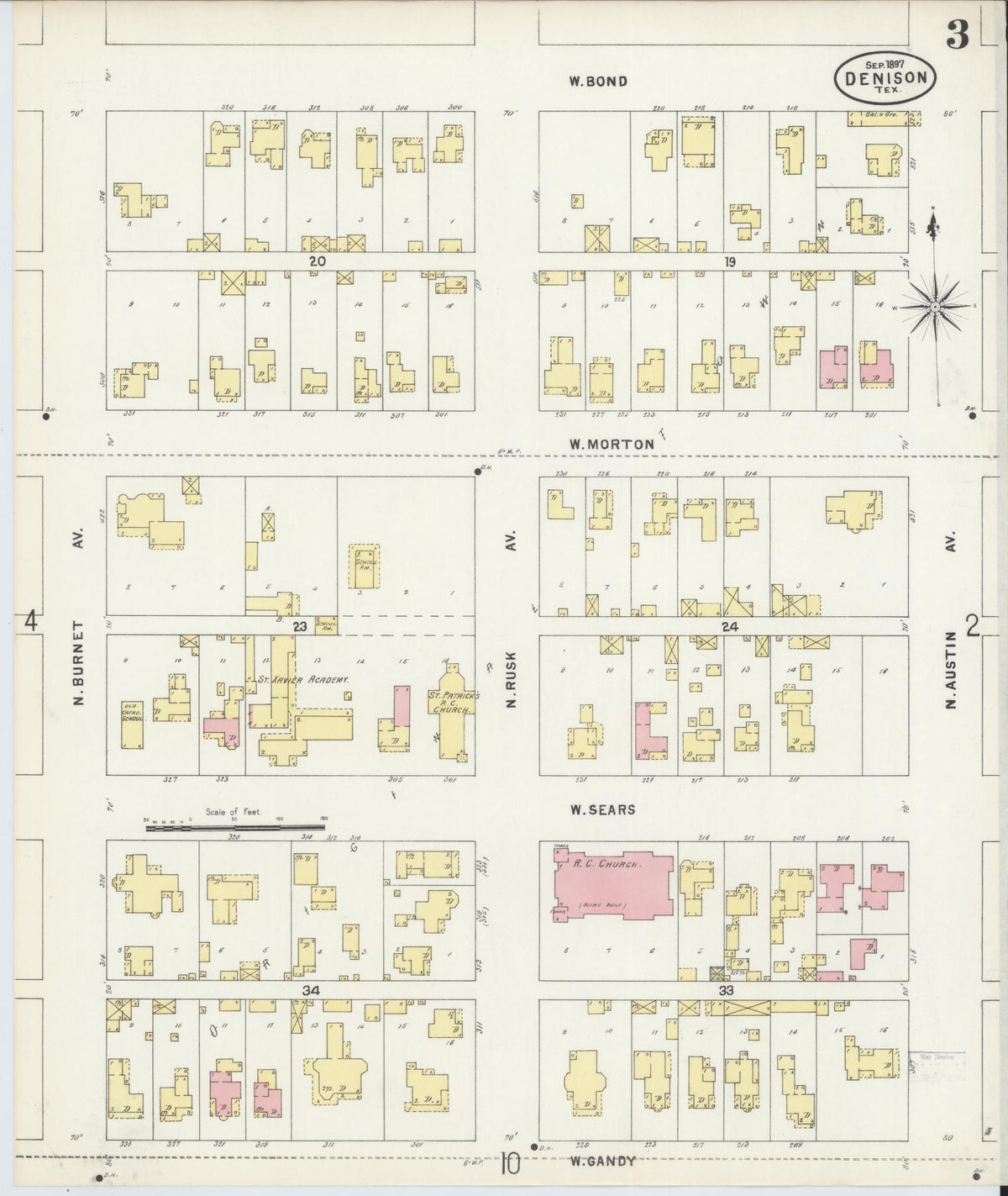 Sanborn Fire Insurance Map from Denison, Grayson County, Texas (1897), Sheet #0003 - Complete Map Set gallery image, historic Sanborn map, vintage wall art, Texas Texas