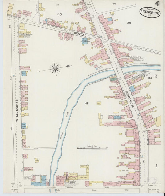Frederick, Maryland - 1887 - Sanborn Fire Insurance Map, Sheet #0004 - Historic Sanborn Fire Insurance Map Print, Frederick Maryland 1887 0004 vintage old map wall art