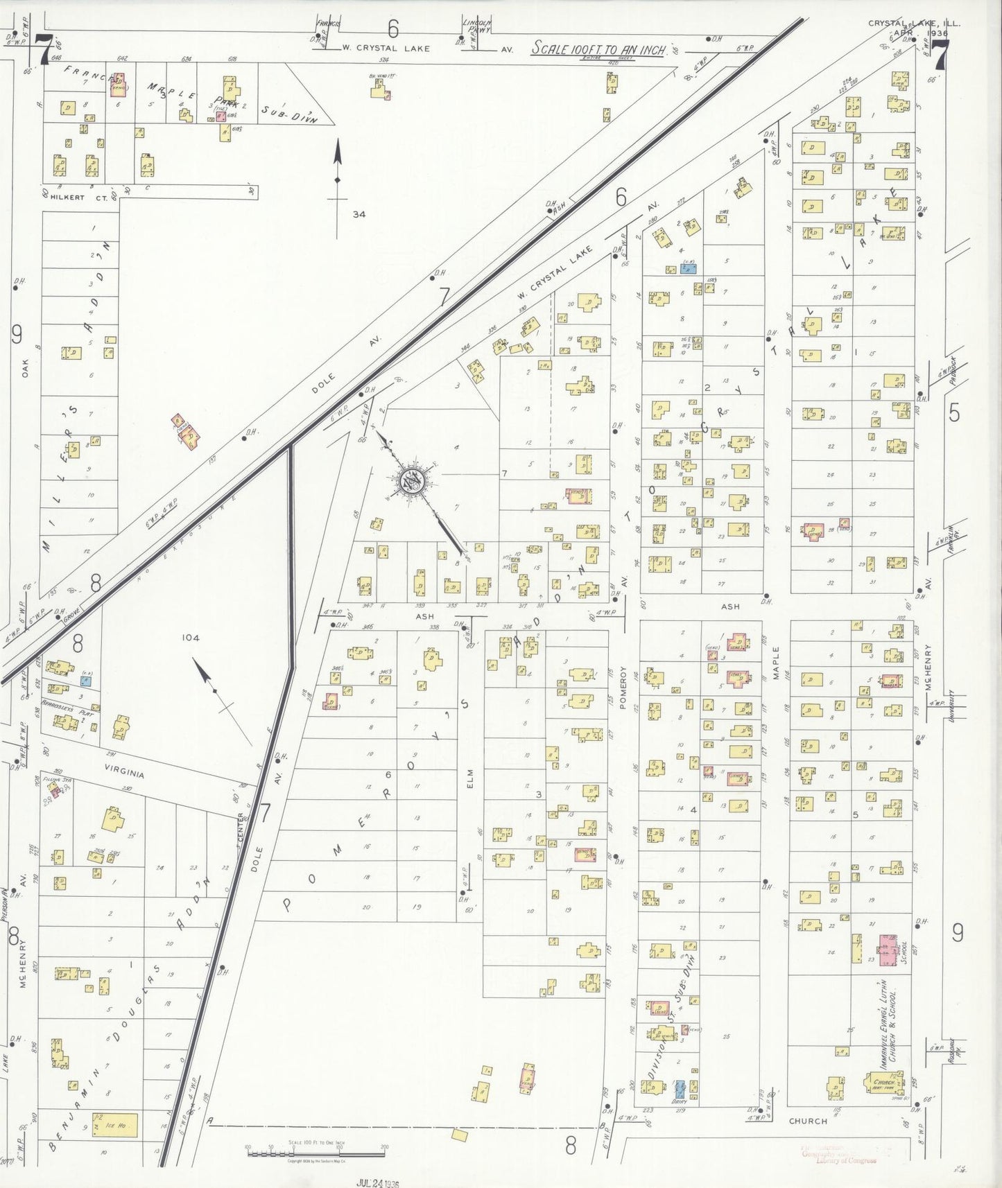 Sanborn Fire Insurance Map from Crystal Lake, McHenry County, Illinois (1936), Sheet #0007 - Historic Sanborn Fire Insurance Map Print, vintage old map wall art, antique decor, genealogy gift, Illinois Illinois map