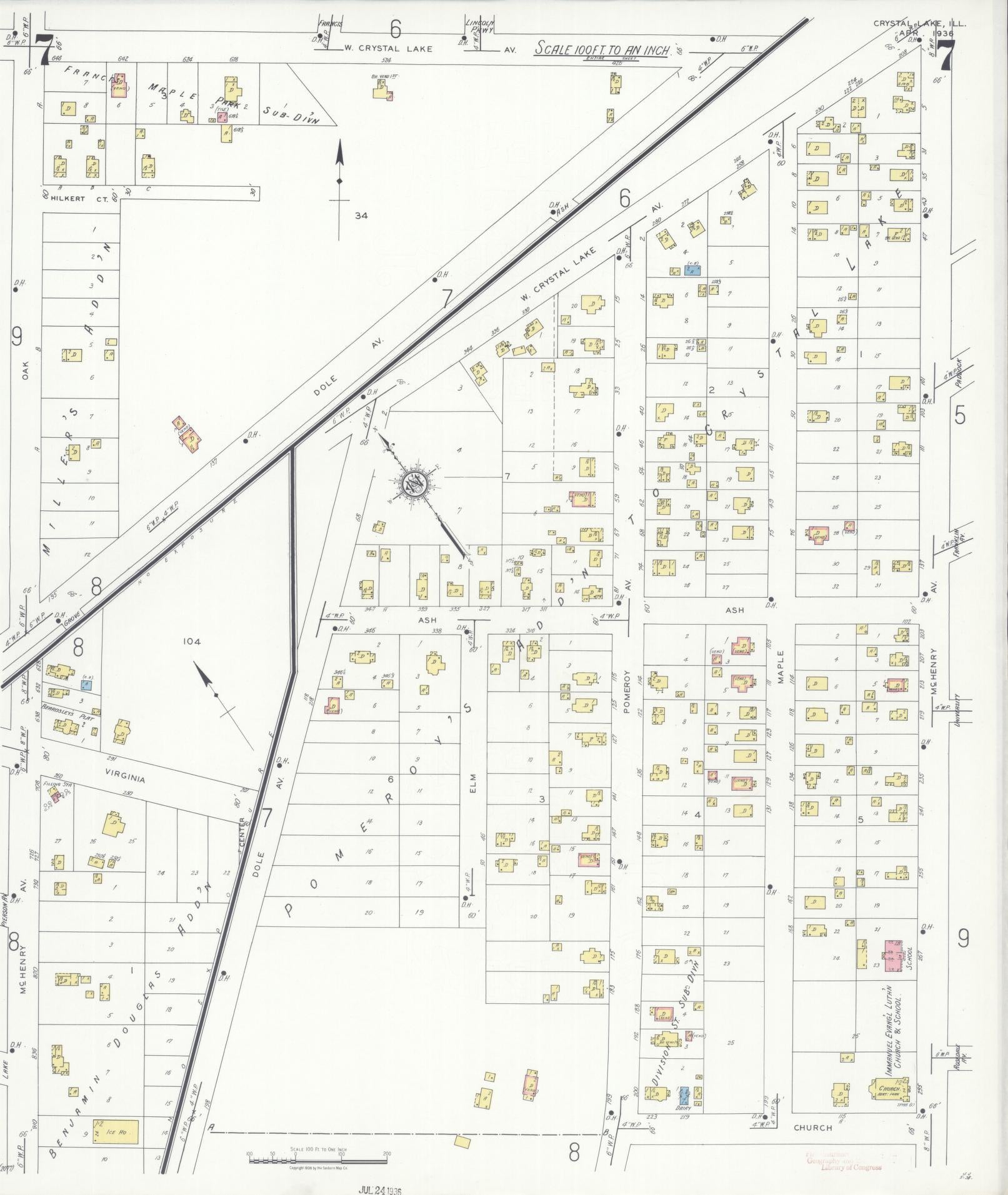 Sanborn Fire Insurance Map from Crystal Lake, McHenry County, Illinois (1936), Sheet #0007 - Historic Sanborn Fire Insurance Map Print, vintage old map wall art, antique decor, genealogy gift, Illinois Illinois map
