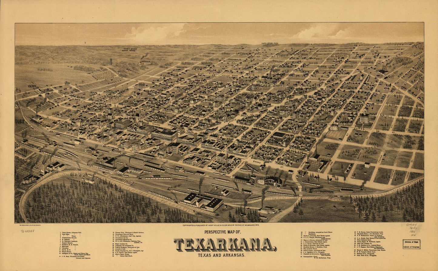 Perspective map of, Texarkana, Texas and Arkansas. (1888) – Historic Bird’s-Eye View Panorama Print