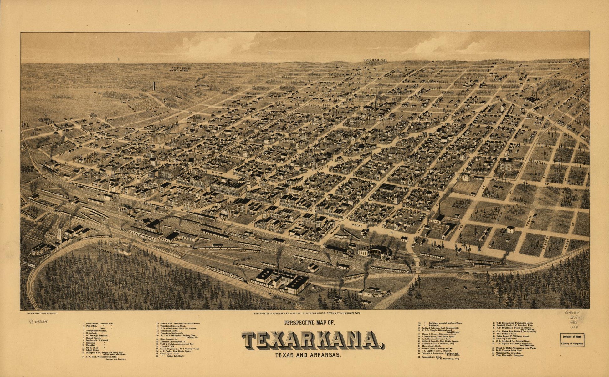 Perspective map of, Texarkana, Texas and Arkansas. (1888) – Historic Bird’s-Eye View Panorama Print