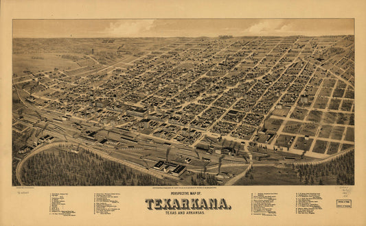 Perspective map of, Texarkana, Texas and Arkansas. (1888) – Historic Bird’s-Eye View Panorama Print