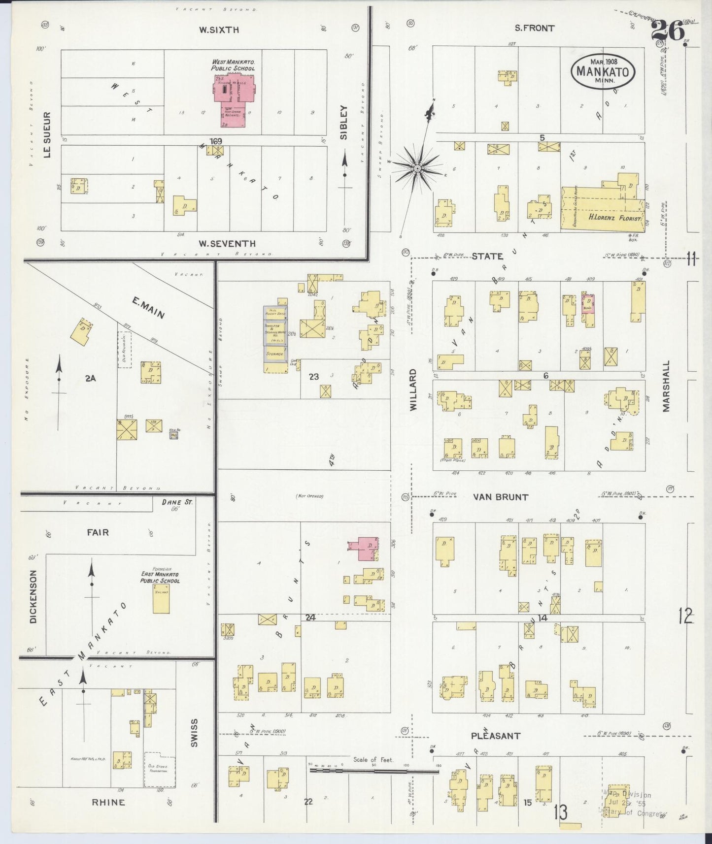 Sanborn Fire Insurance Map from Mankato, Blue Earth County, Minnesota (1908), Sheet #0026 - Historic Sanborn Fire Insurance Map Print, vintage old map wall art, antique decor, genealogy gift, Minnesota Minnesota map