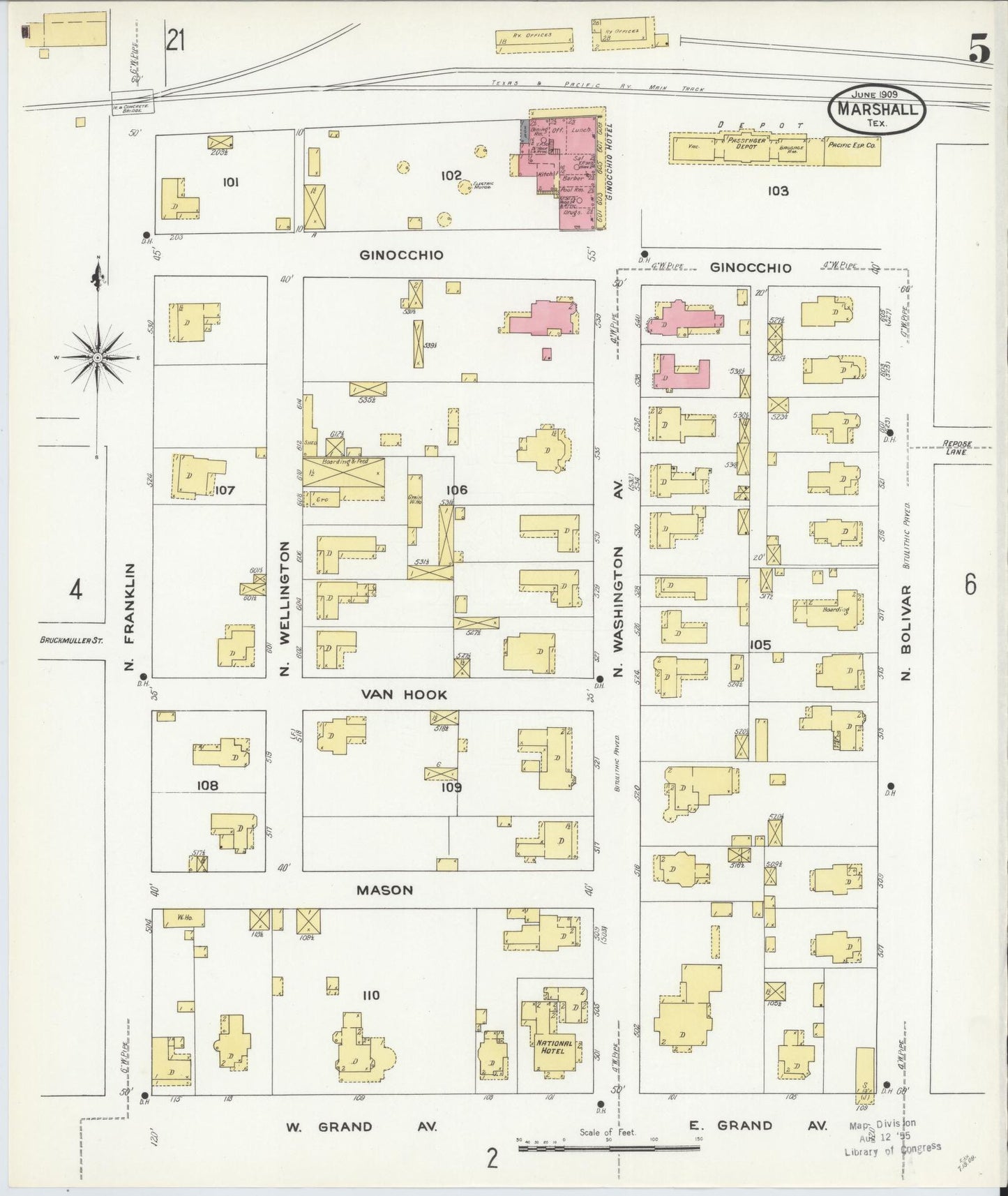 Sanborn Fire Insurance Map from Marshall, Harrison County, Texas (1909), Sheet #0005 - Complete Map Set gallery image, historic Sanborn map, vintage wall art, Texas Texas