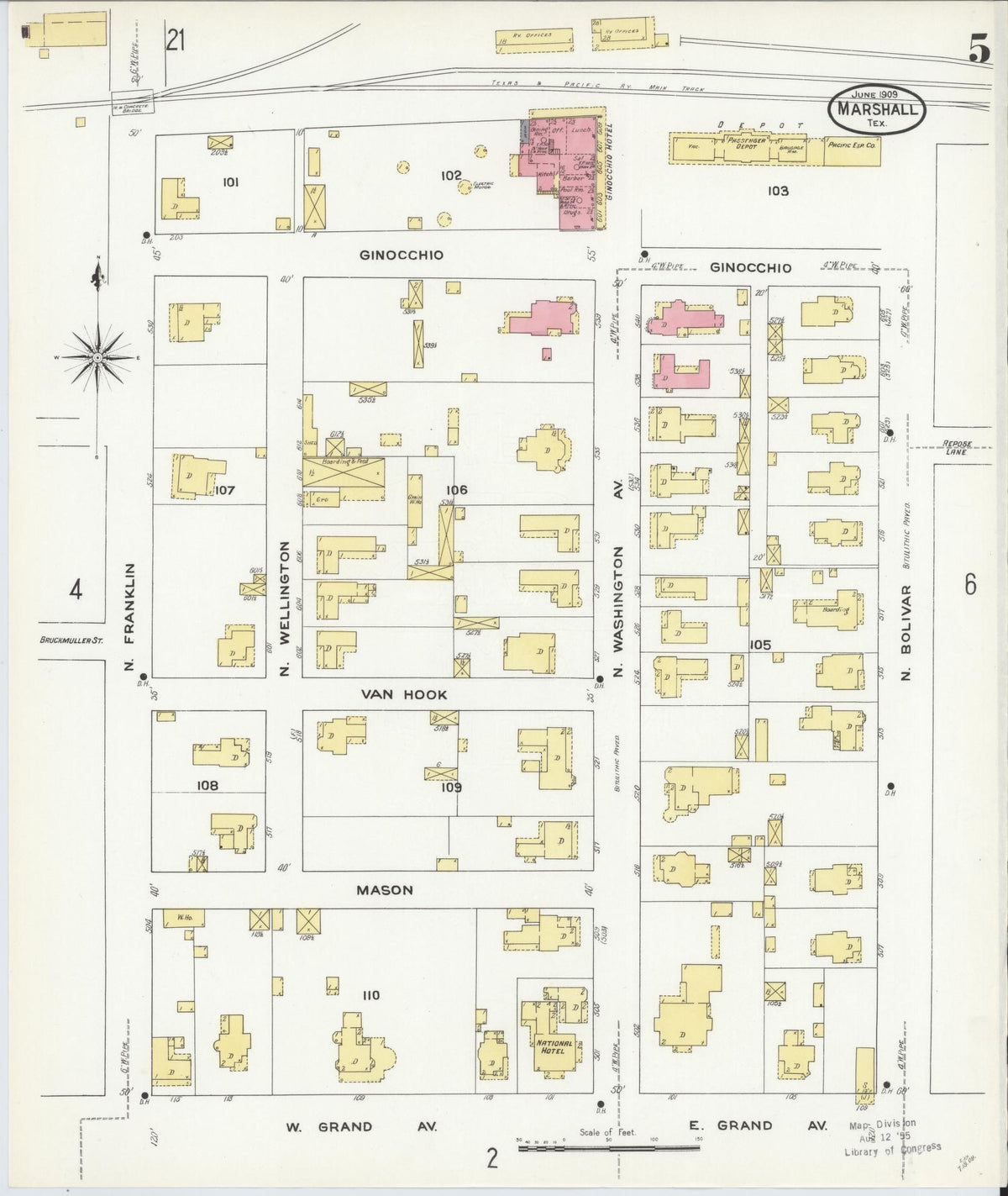 Sanborn Fire Insurance Map from Marshall, Harrison County, Texas (1909), Sheet #0005 - Complete Map Set gallery image, historic Sanborn map, vintage wall art, Texas Texas