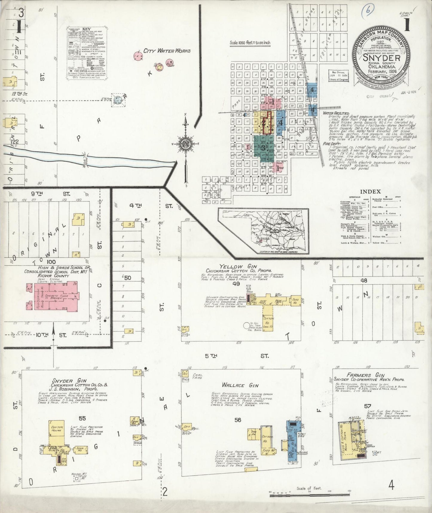 Sanborn Fire Insurance Map from Snyder, Kiowa County, Oklahoma (1924), Sheet #0001 - Complete Map Set gallery image, historic Sanborn map, vintage wall art, Oklahoma Oklahoma