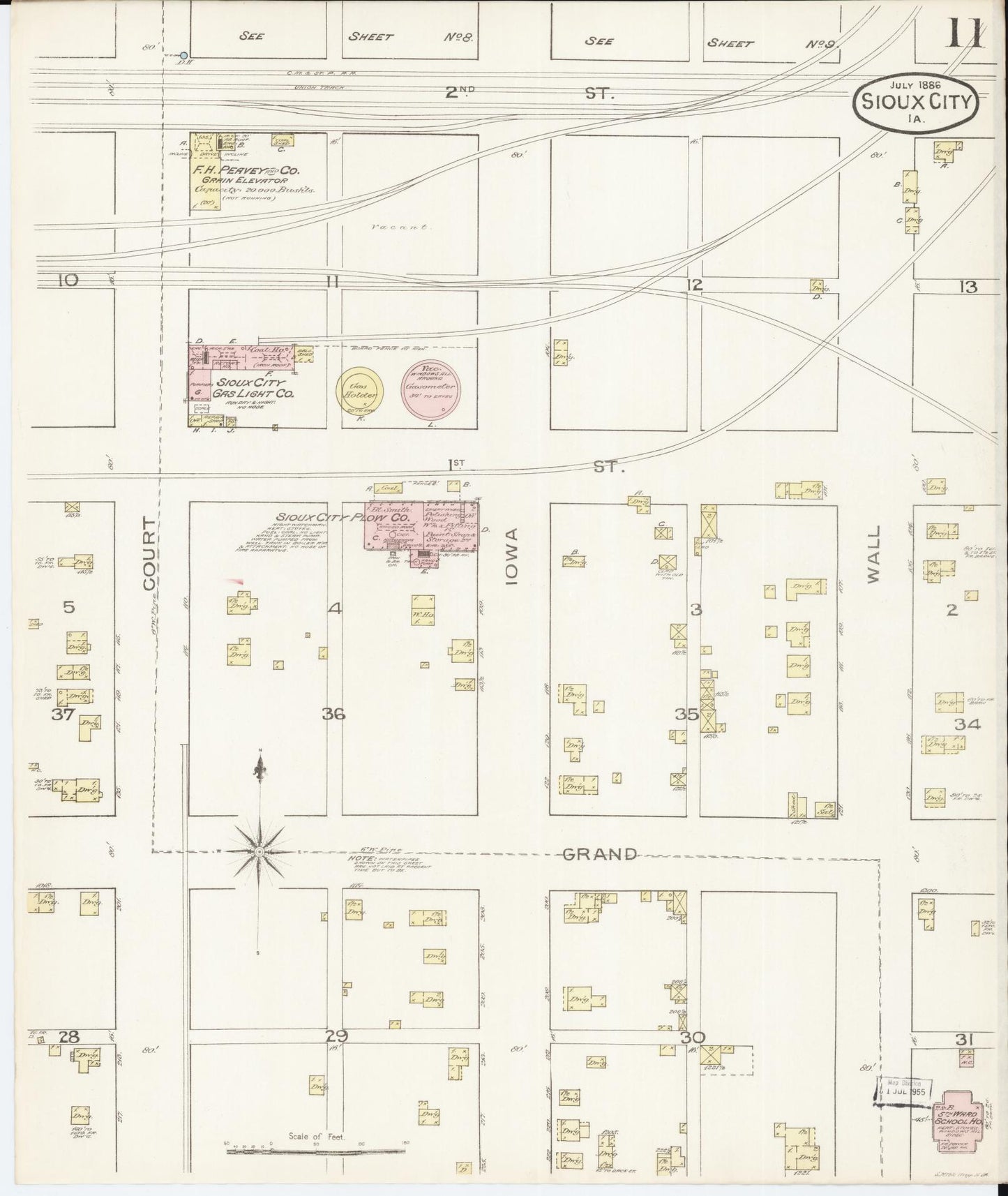 Sanborn Fire Insurance Map from Sioux City, Woodbury County, Iowa (1886), Sheet #0011 - Historic Sanborn Fire Insurance Map Print, vintage old map wall art