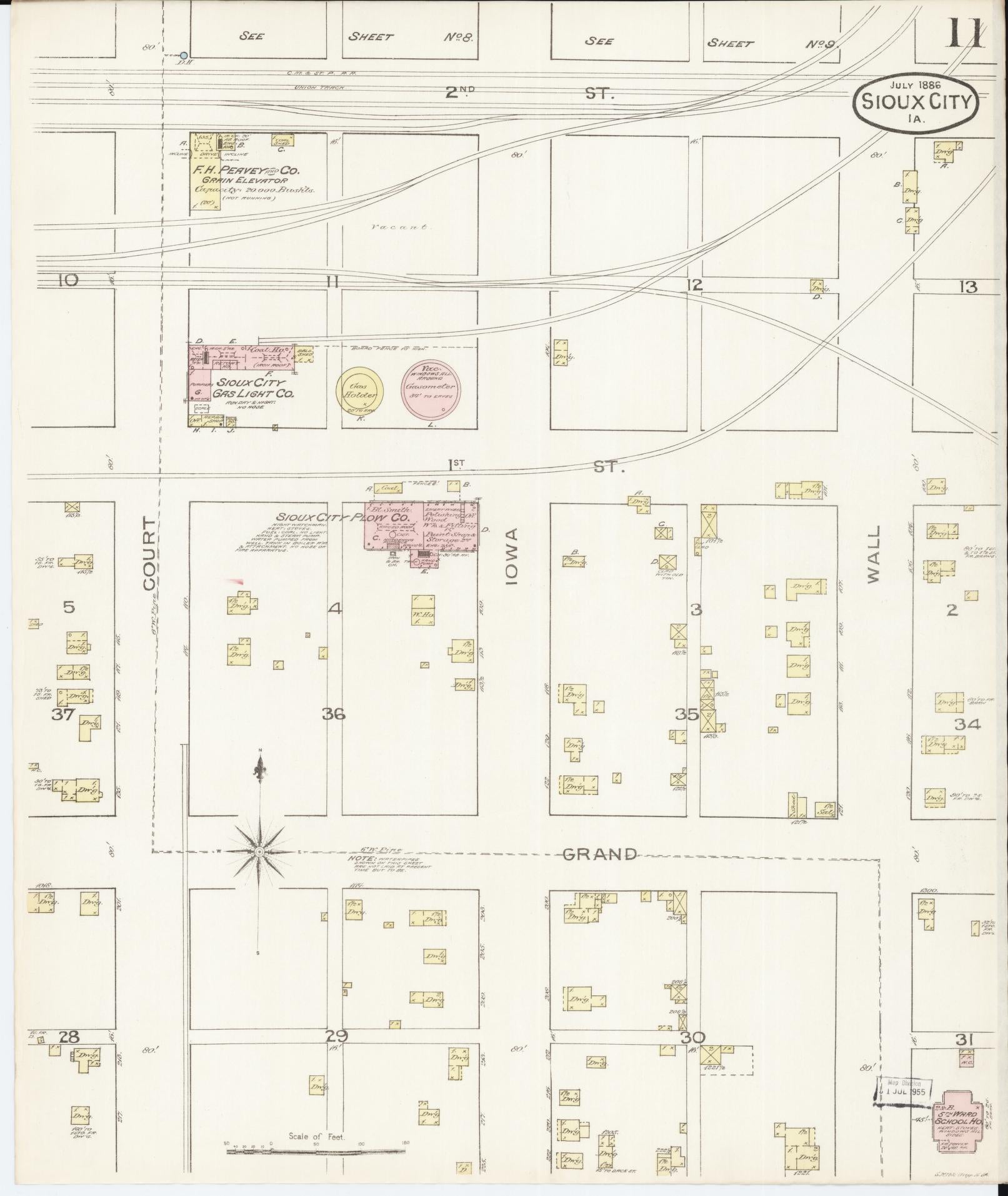 Sanborn Fire Insurance Map from Sioux City, Woodbury County, Iowa (1886), Sheet #0011 - Historic Sanborn Fire Insurance Map Print, vintage old map wall art