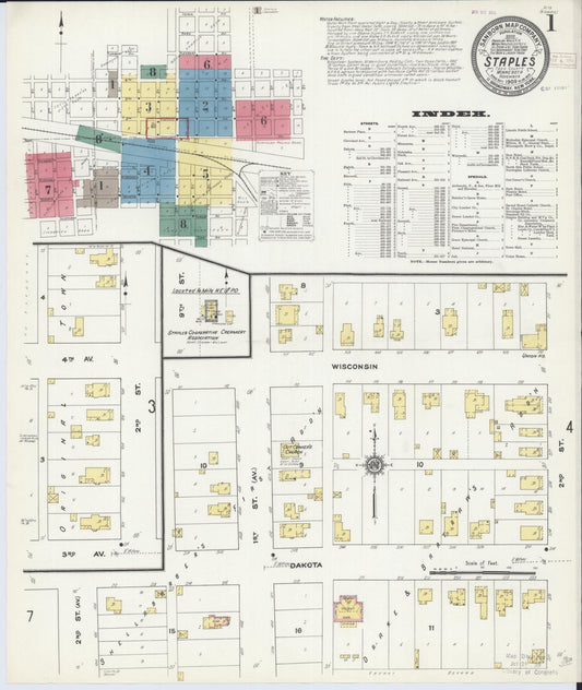 Sanborn Fire Insurance Map from Staples, Todd County, Minnesota (1909), Sheet #0001 - Historic Sanborn Fire Insurance Map Print, vintage old map wall art, antique decor, genealogy gift, Minnesota Minnesota map