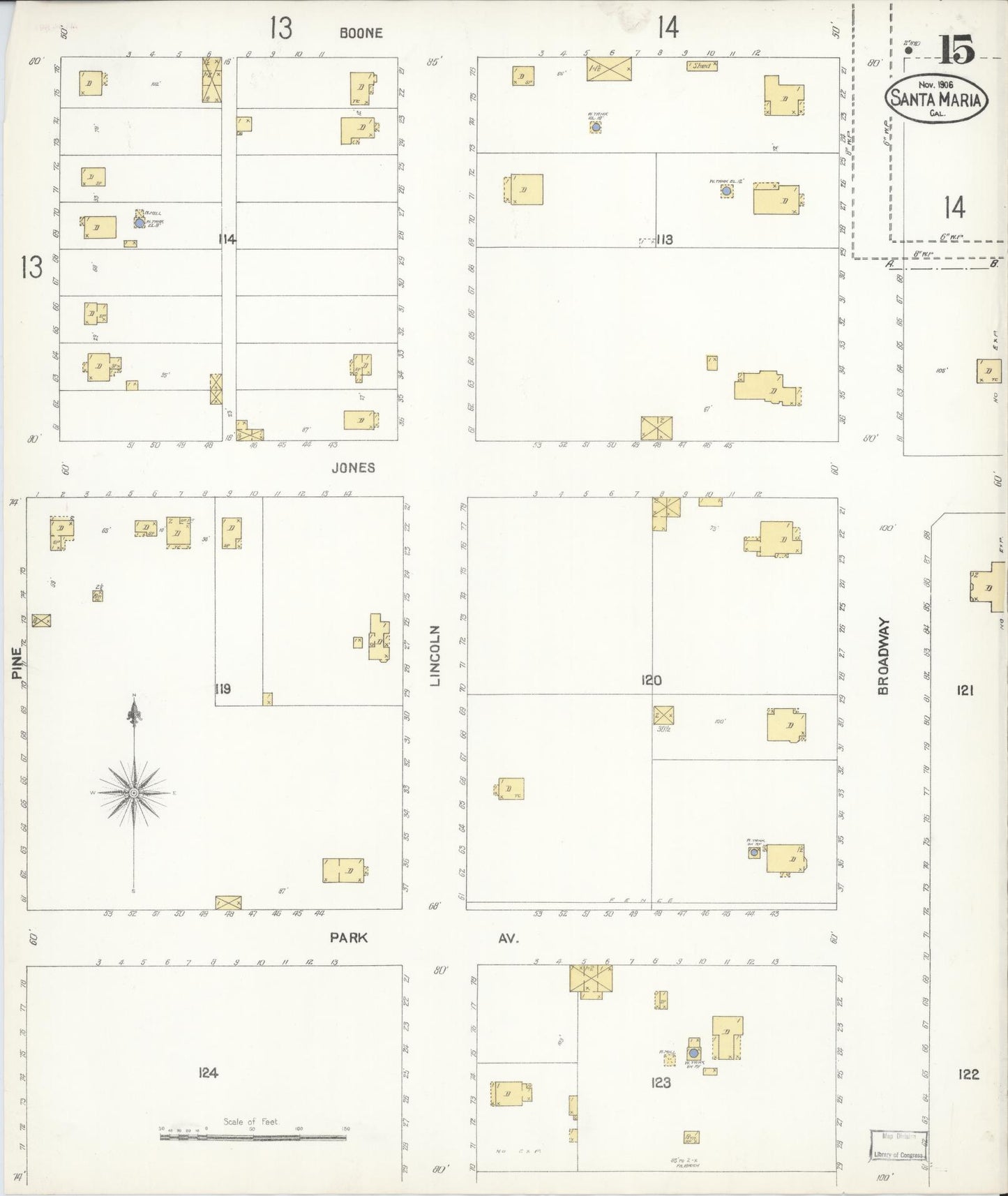 Sanborn Fire Insurance Map from Santa Maria, Santa Barbara County, California (1906), Sheet #0015 - Complete Map Set gallery image, historic Sanborn map, vintage wall art, California California