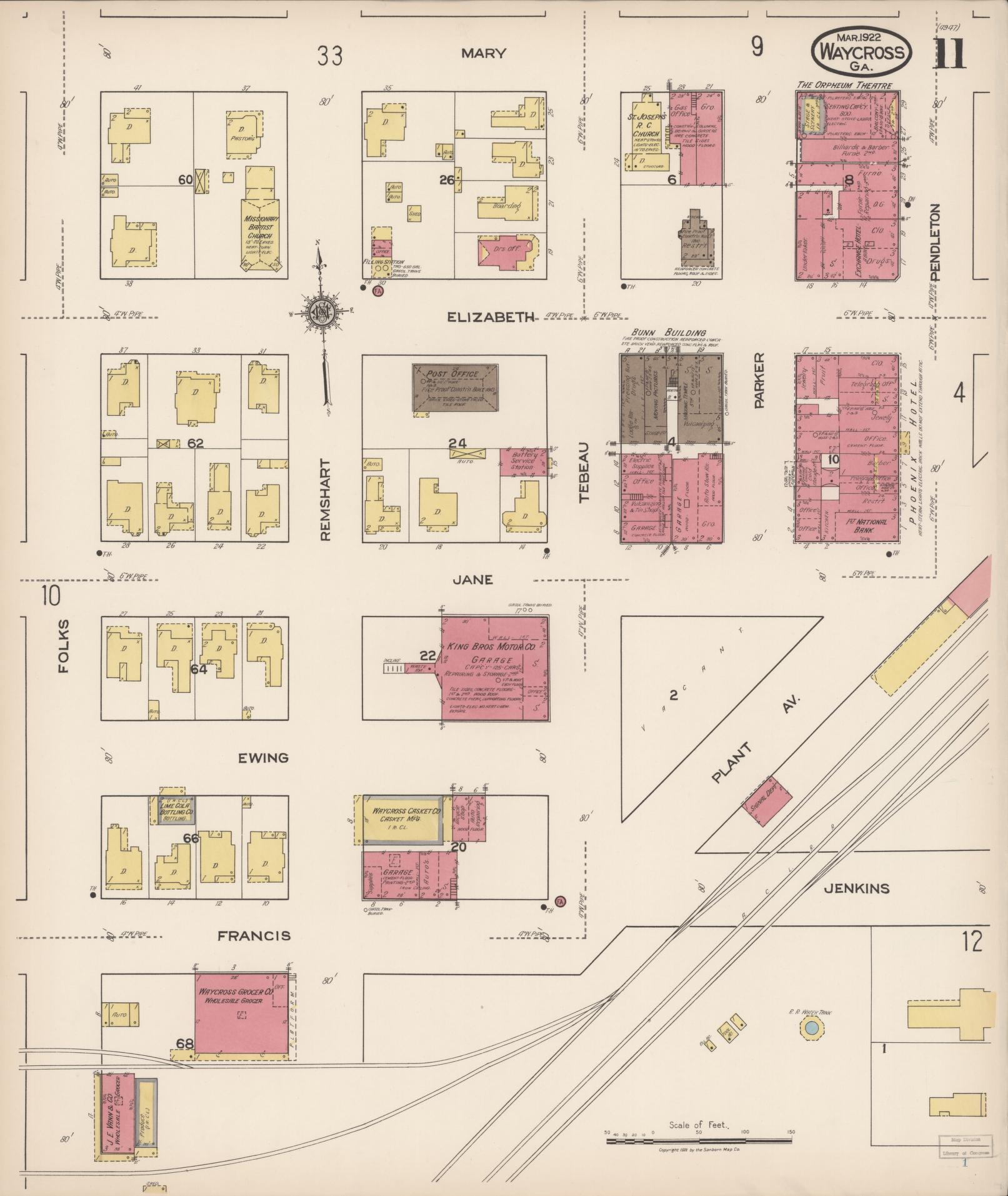 Sanborn Fire Insurance Map from Waycross, Ware County, Georgia (1922), Sheet #0011 - Historic Sanborn Fire Insurance Map Print, vintage old map wall art, antique decor, genealogy gift, Georgia Georgia map