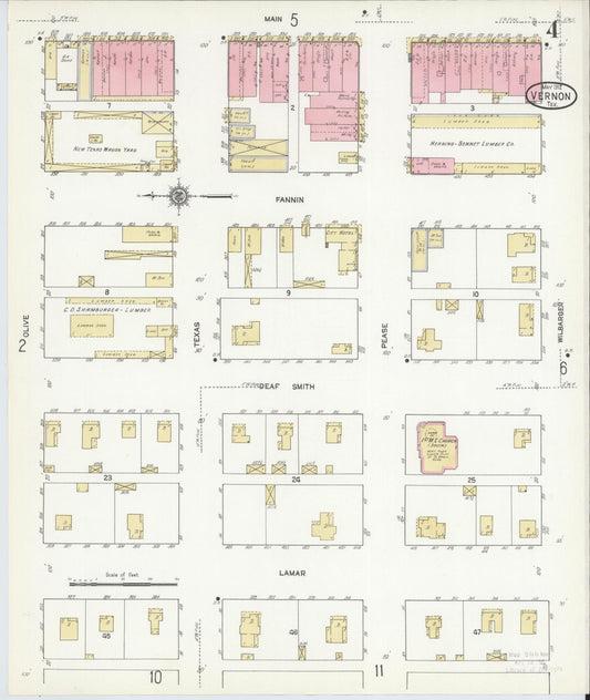 Sanborn Fire Insurance Map from Vernon, Wilbarger County, Texas (1912), Sheet #0004 - Historic Sanborn Fire Insurance Map Print, vintage old map wall art, antique decor, genealogy gift, Texas Texas map