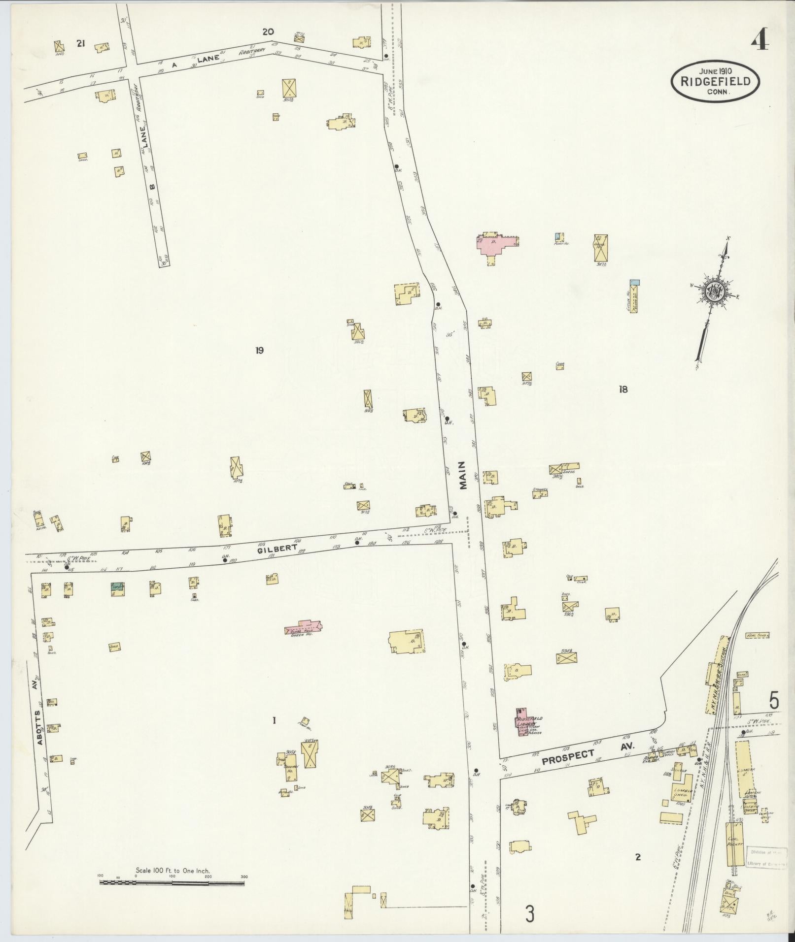 Sanborn Fire Insurance Map from Ridgefield, Fairfield County, Connecticut (1910), Sheet #0004 - Complete Map Set gallery image, historic Sanborn map, vintage wall art, Connecticut Connecticut