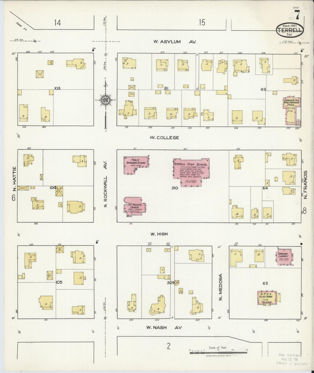 Sanborn Fire Insurance Map from Terrell, Kaufman County, Texas (1921), Sheet #0007 - Complete Map Set gallery image, historic Sanborn map, vintage wall art, Texas Texas