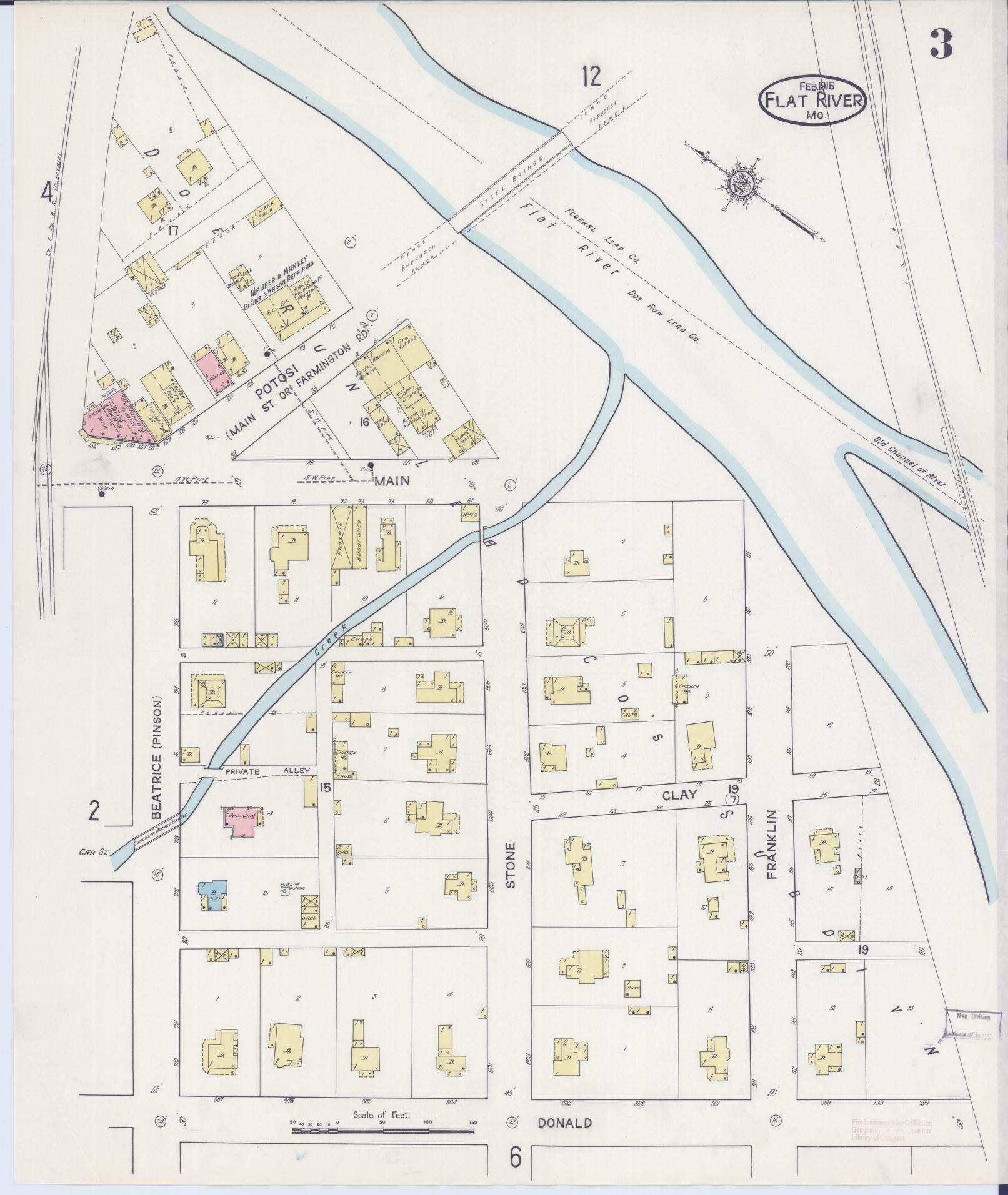 Sanborn Fire Insurance Map from Flat River, Saint Francois County, Missouri (1915), Sheet #0003 - Historic Sanborn Fire Insurance Map Print, vintage old map wall art, antique decor, genealogy gift, Missouri Missouri map
