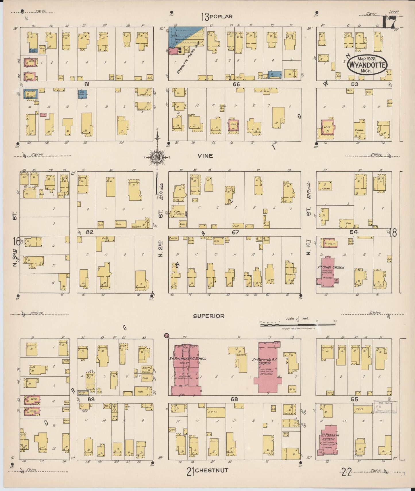 Sanborn Fire Insurance Map from Wyandotte, Wayne County, Michigan (1922), Sheet #0017 - Historic Sanborn Fire Insurance Map Print, vintage old map wall art, antique decor, genealogy gift, Michigan Michigan map
