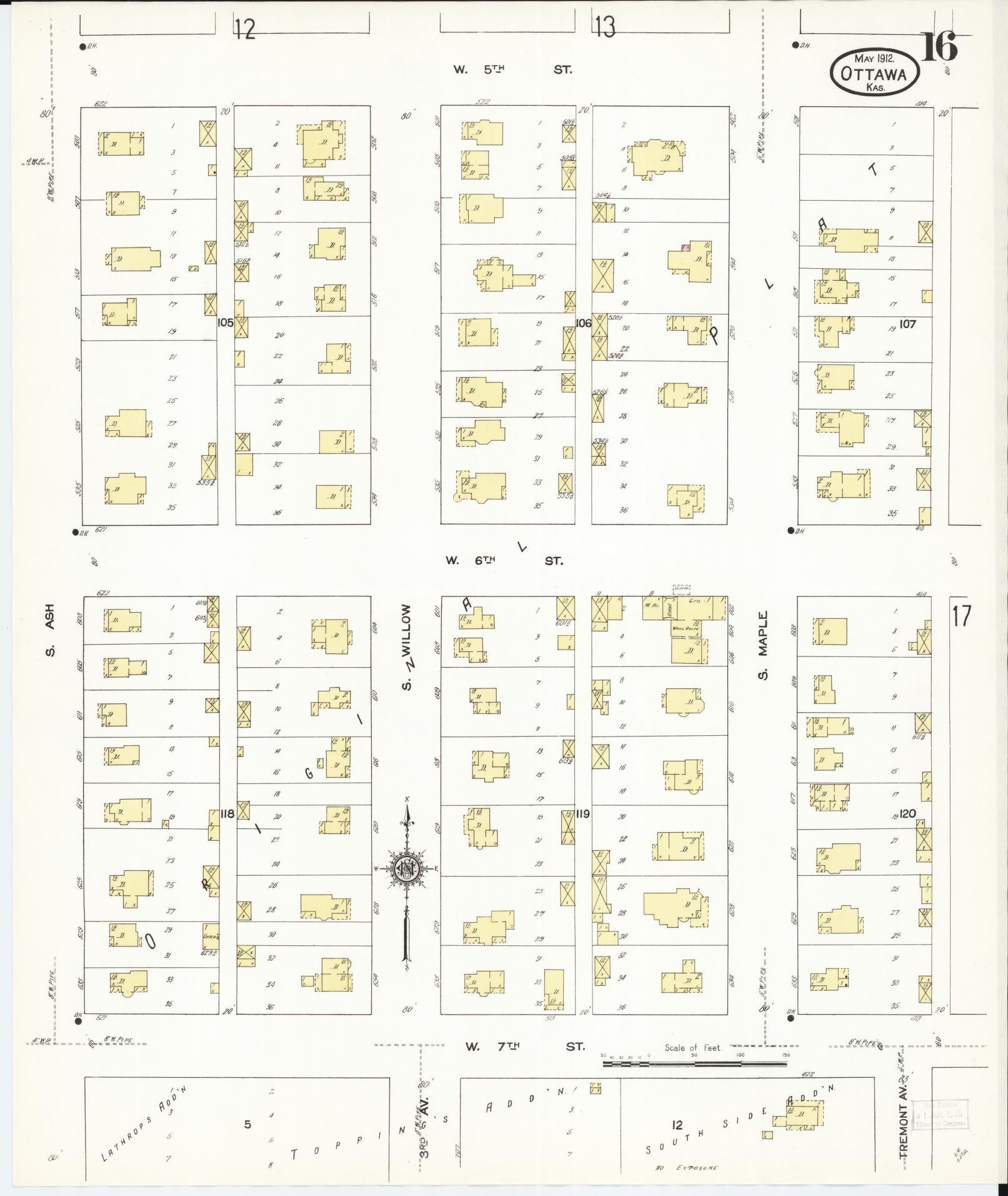 Sanborn Fire Insurance Map from Ottawa, Franklin County, Kansas (1912), Sheet #0016 - Historic Sanborn Fire Insurance Map Print, vintage old map wall art, antique decor, genealogy gift, Kansas Kansas map