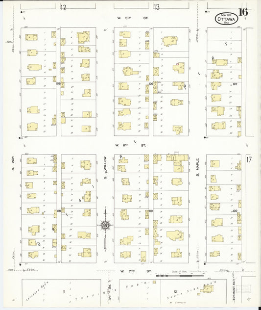 Sanborn Fire Insurance Map from Ottawa, Franklin County, Kansas (1912), Sheet #0016 - Historic Sanborn Fire Insurance Map Print, vintage old map wall art, antique decor, genealogy gift, Kansas Kansas map