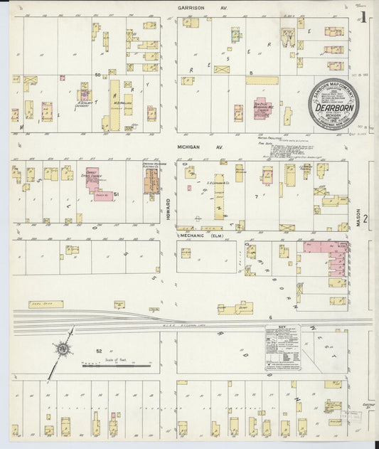 Sanborn Fire Insurance Map from Dearborn, Wayne County, Michigan (1912), Sheet #0001 - Complete Map Set gallery image, historic Sanborn map, vintage wall art, Michigan Michigan