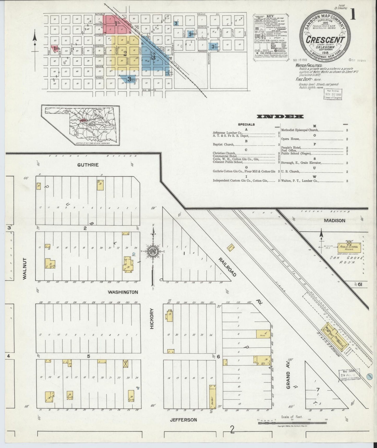 Sanborn Fire Insurance Map from Crescent, Logan County, Oklahoma (1918), Sheet #0001 - Complete Map Set gallery image, historic Sanborn map, vintage wall art, Oklahoma Oklahoma