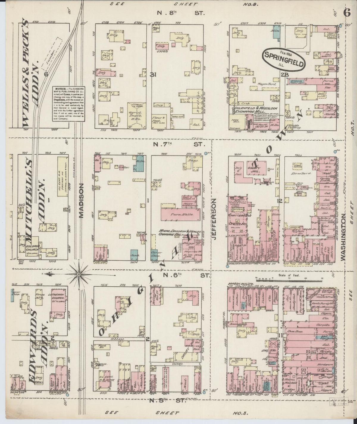 Sanborn Fire Insurance Map from Springfield, Sangamon County, Illinois (1884), Sheet #0006 - Historic Sanborn Fire Insurance Map Print, vintage old map wall art, antique decor, genealogy gift, Illinois Illinois map