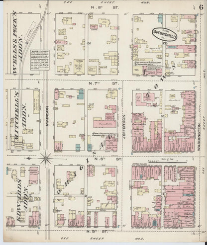 Sanborn Fire Insurance Map from Springfield, Sangamon County, Illinois (1884), Sheet #0006 - Historic Sanborn Fire Insurance Map Print, vintage old map wall art, antique decor, genealogy gift, Illinois Illinois map